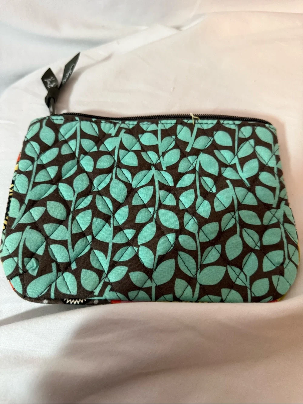 Vera Bradley Quilted Cosmetic Bag Teal Brown Leaf Print Zip Makeup Pouch